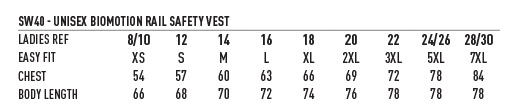 SW40 Biomotion Rail Safety Vest Size Guide